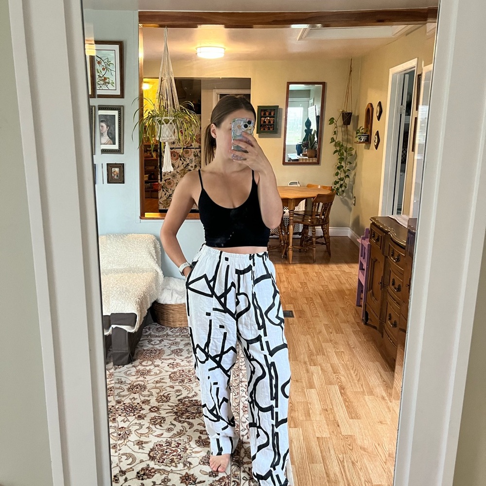 Vintage Black and White Graphic Wide Leg Pants